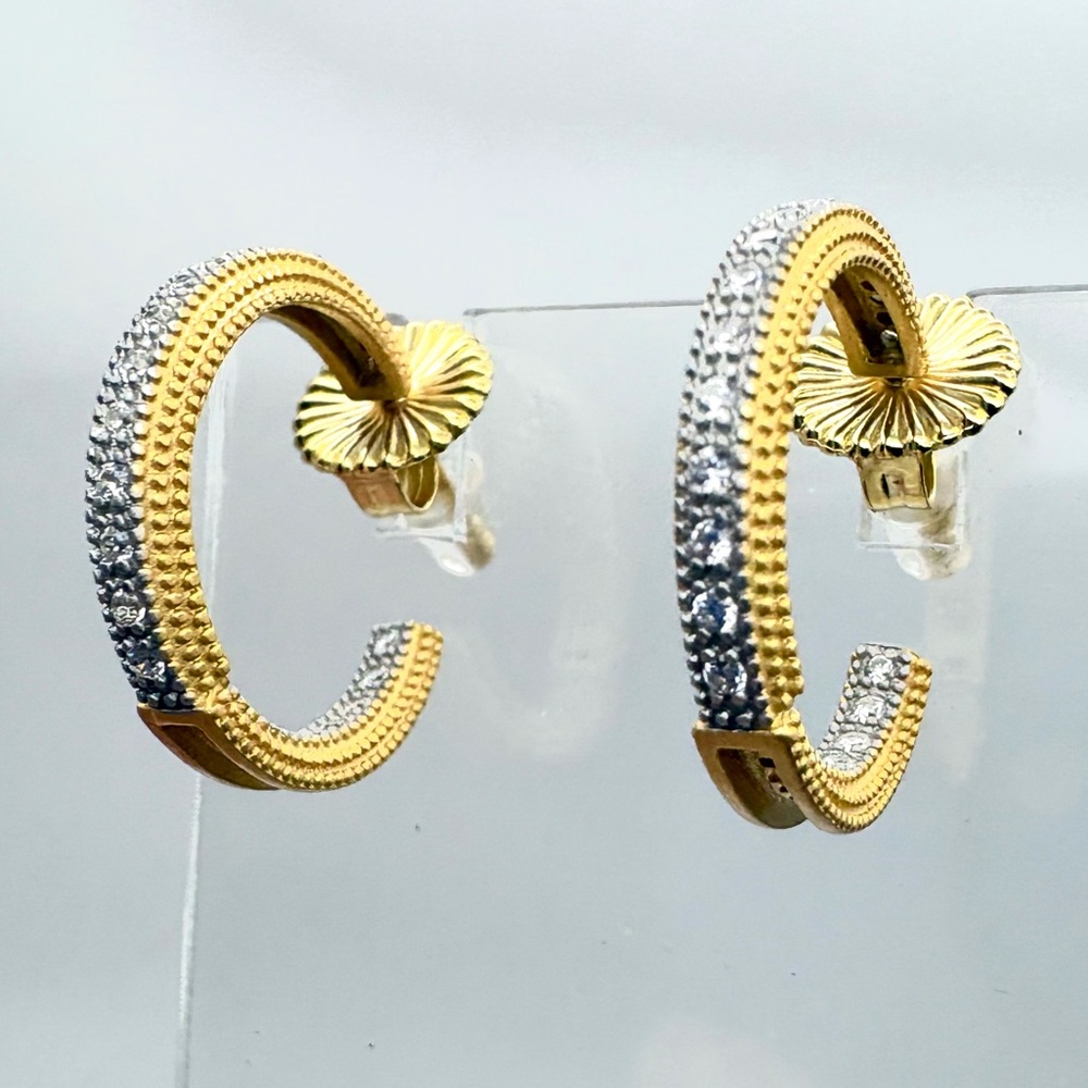 Freida Rothman Signature CZ Pave Matte Gold Over Sterling Silver Hoop Earrings - Picture 2 of 5